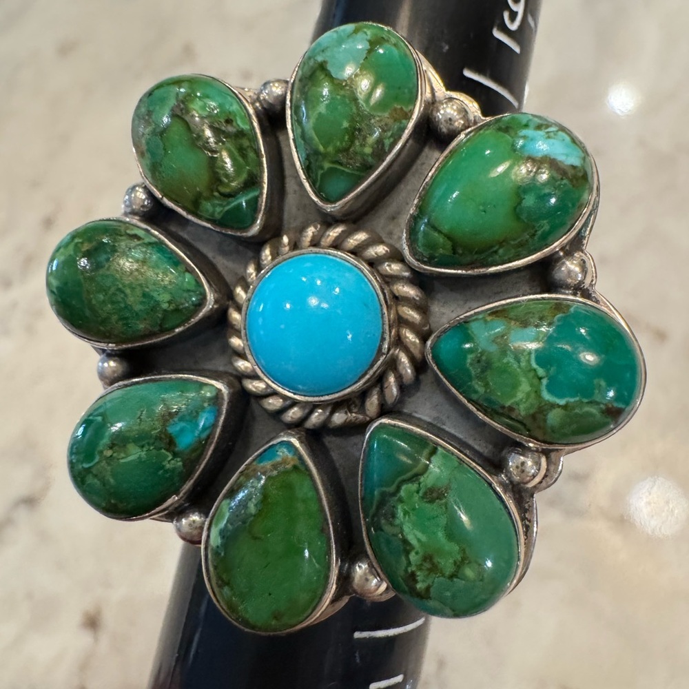 #9. Gift 🎁 OOAK Navajo Turquoise and Green Stone Silver Ring 10.5